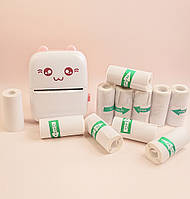 Портативний міні принтер з набором клейкого паперу 10 рулонів, дитячий кишеньковий термопрінтер з Bluetooth "Котик"