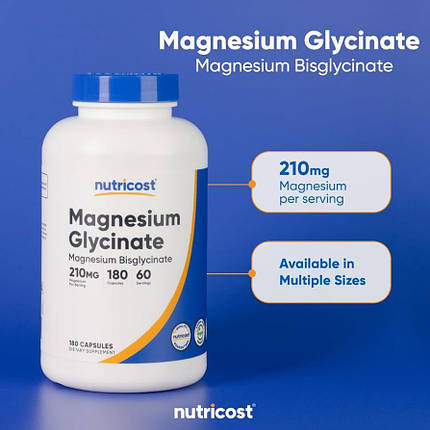 Гліцинат магнію Nutricost Magnesium Glycinate 210 мг 180 капс. (70 мг в 1 капсулі), фото 3
