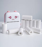 Портативний міні принтер з набором паперу 11 рулонів, дитячий кишеньковий термопрінтер з Bluetooth "Котик"