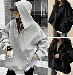 Жіноче худі оверсайз на блискавці модне тепле на флісі з капюшоном, сіре, чорне, розмір 42/48