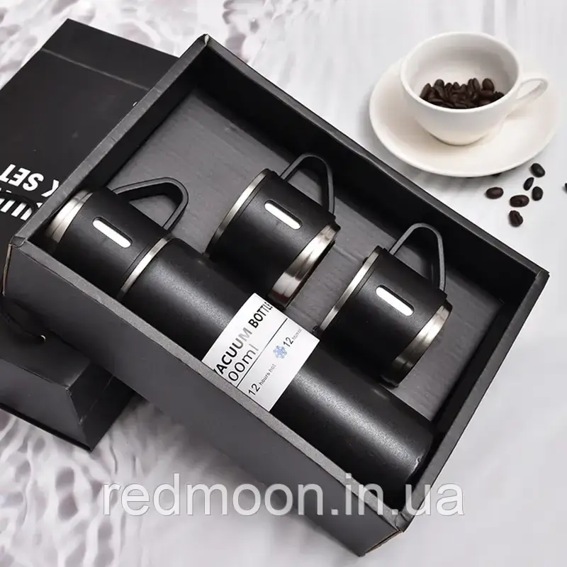 Набір термос 500 мл + 3 чашки Vacuum Flask Set, Чорний / Подарунковий набір для гарячих напоїв, фото 1