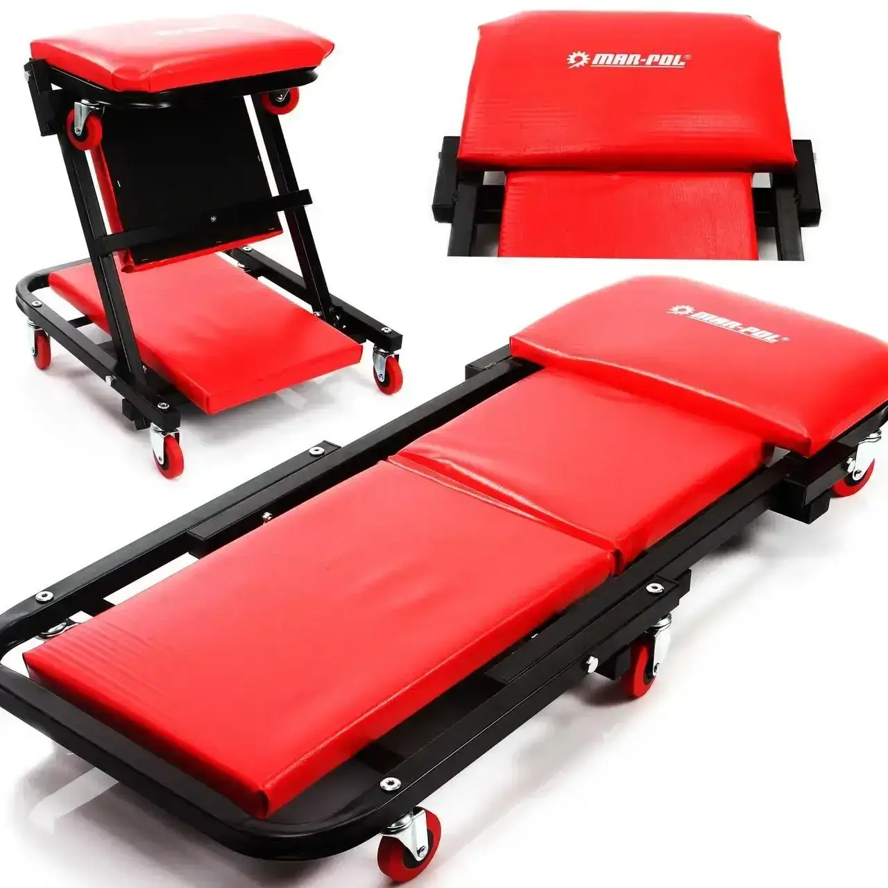 Лежак табурет на колесах для майстерні складаний червоний Mar-Pol M80093A, фото 1