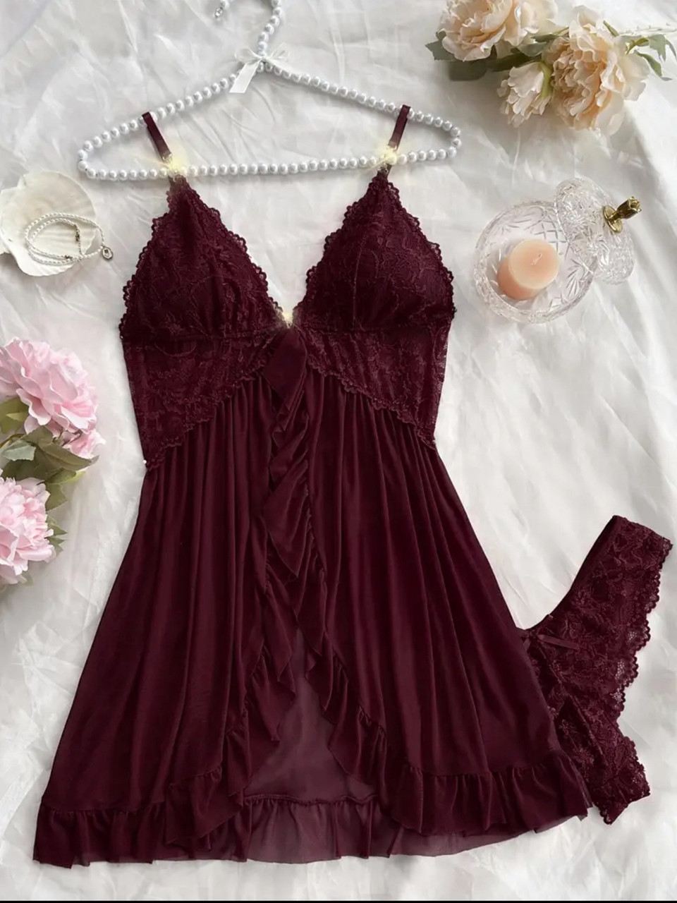 Мереживний пеньюар із трусиками, прикраса на бретельках (р.S, бордо)