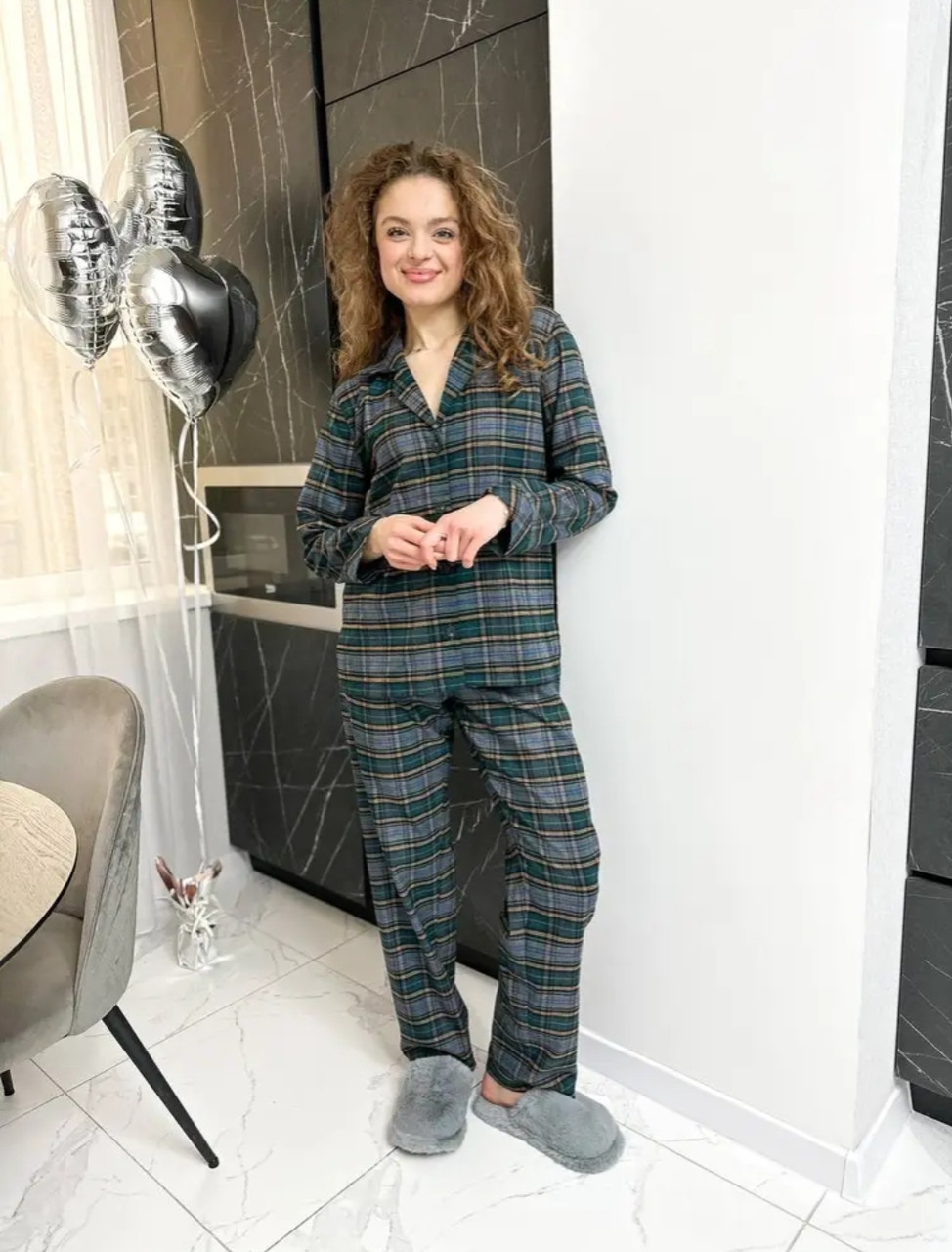 Фланелева піжама жіноча картата тепла зимова піжама з бавовни для сну та дому, фото 1