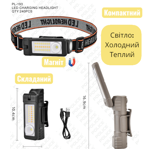 Налобний ліхтар PL-193, акумуляторний, водонепроникний, ЗУ Type-C, фото 1