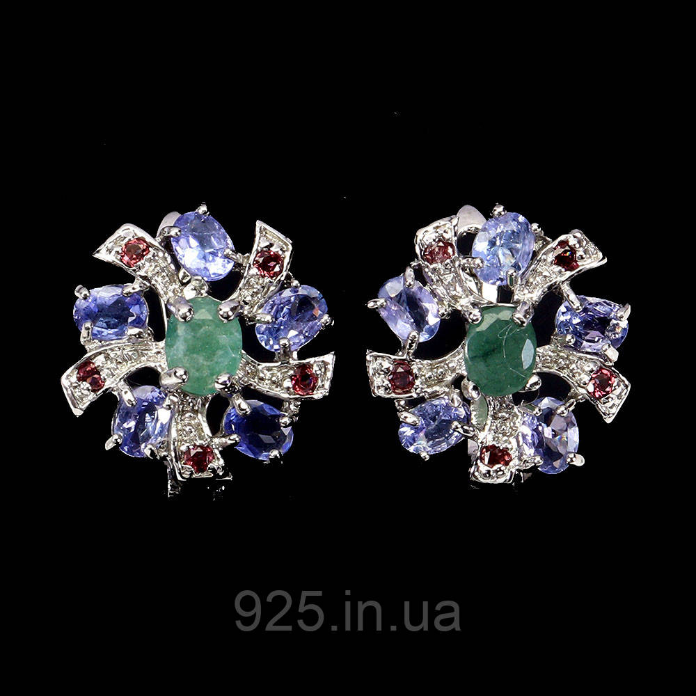 Сережки. Натуральний смарагд, гранат родоліт і танзаніт. Срібло 925., фото 1