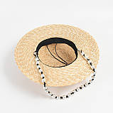 Солом`яна шляпа канотьє жіноча пляжна зі шнурком з перлин, фото 3