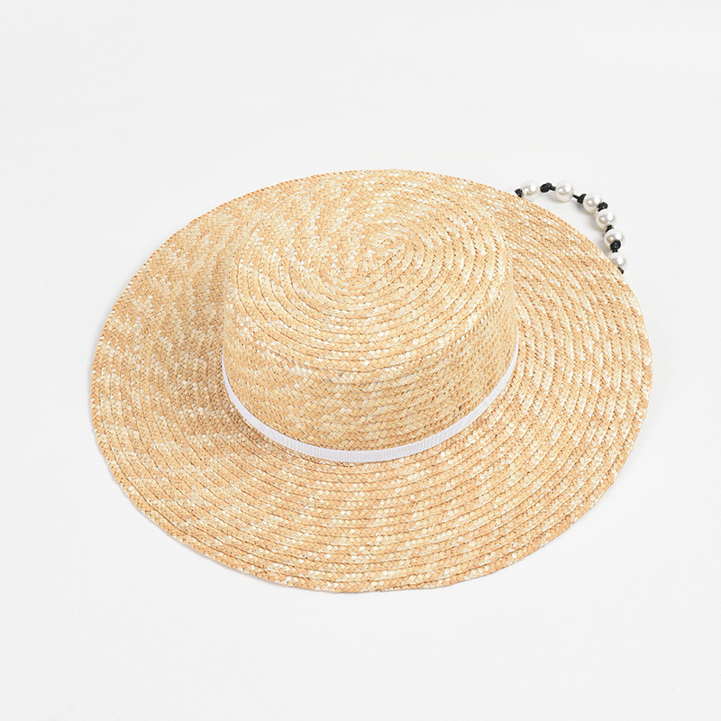 Солом`яна шляпа канотьє жіноча пляжна зі шнурком з перлинами, фото 1