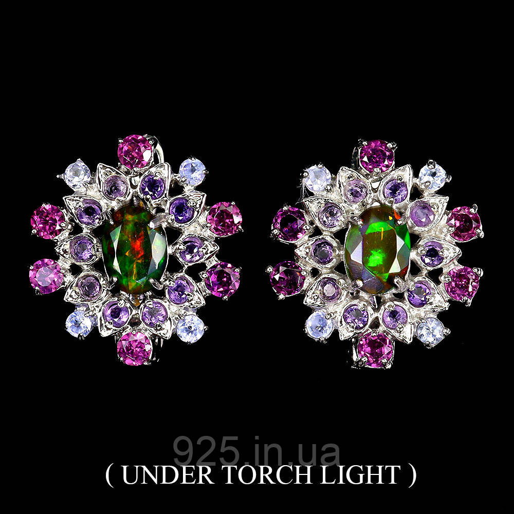 Сережки. Натуральний опал, аметист, гранат родоліт і танзаніт. Срібло 925., фото 1