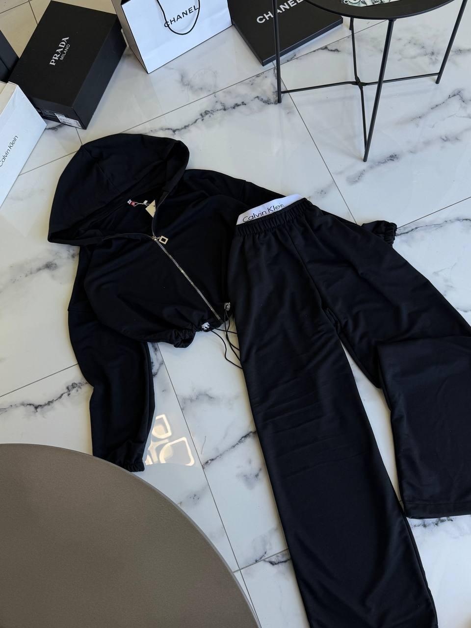 Жіночий осінній базовий прогулянковий костюм двійка кофта худі на блискавці штани палаццо на фіксаторах, фото 1