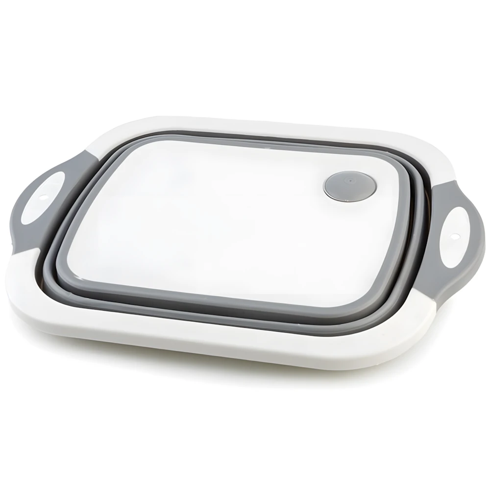 Роздільна дошка складна 2в1 з контейнером і зливним отвором 40x30x3.5 см сіра. Дошка-мийка для овочів та фруктів, миска., фото 1