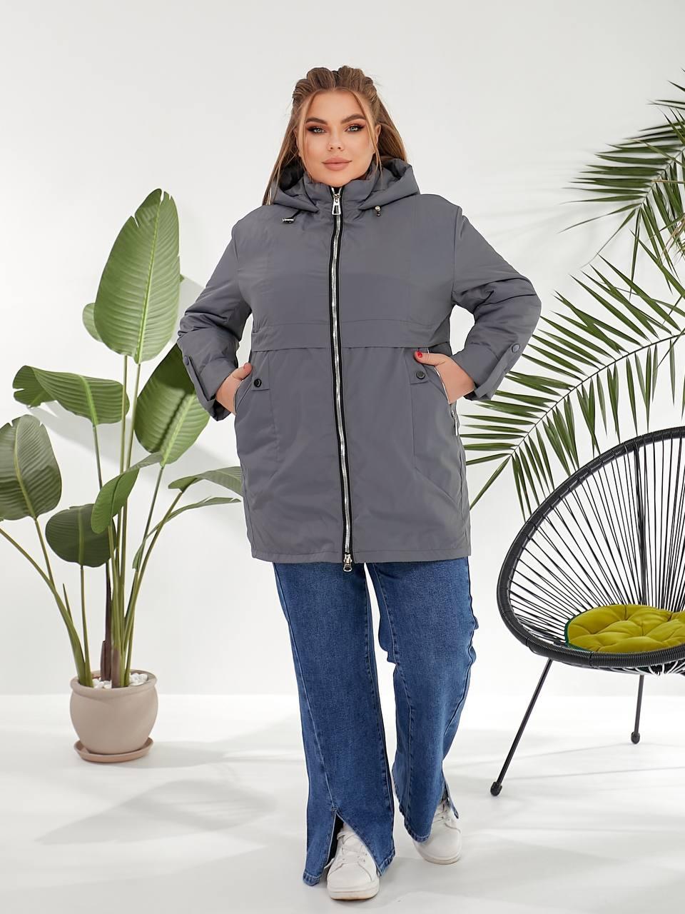 Жіноча демісезонна куртка великого розміру plussize 46-60 подовжена з капюшоном на синтепоні 100, фото 1