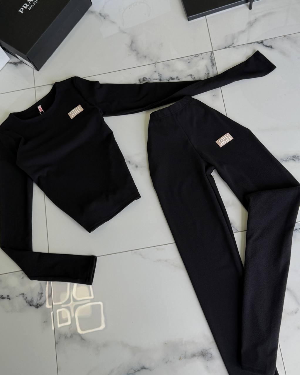 Жіночий осінній базовий прогулянковий термо костюм двійка кофта лонгслів лосини легінси висока посадка МІУ, фото 1