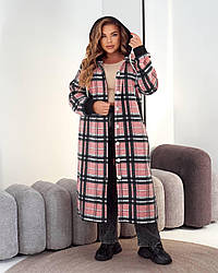 Стильний модний довгий флісовий кардиган в клітинку з капюшоном, батал великі розміри