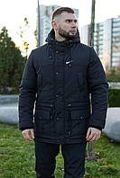 Чоловіча чорна куртка-парка Nike зимова довга, Тепла парка Найк чорного кольору водостійка з капюшоном для чоловіків