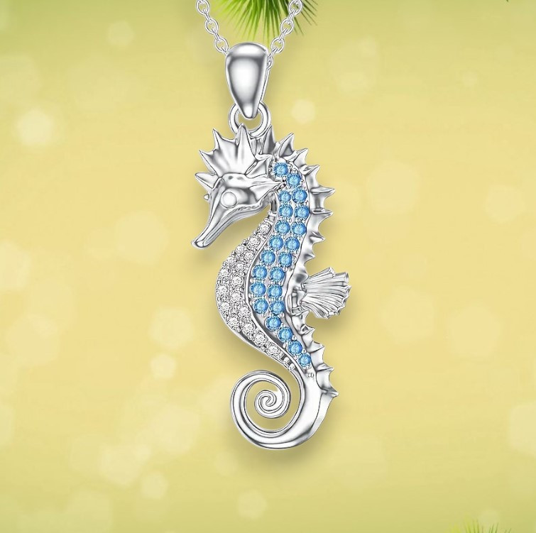 Підвіс жіночий сріблястий Морський коник з голубими та білими кристалами 2.5 см 45+4 см AurumLux067, фото 1