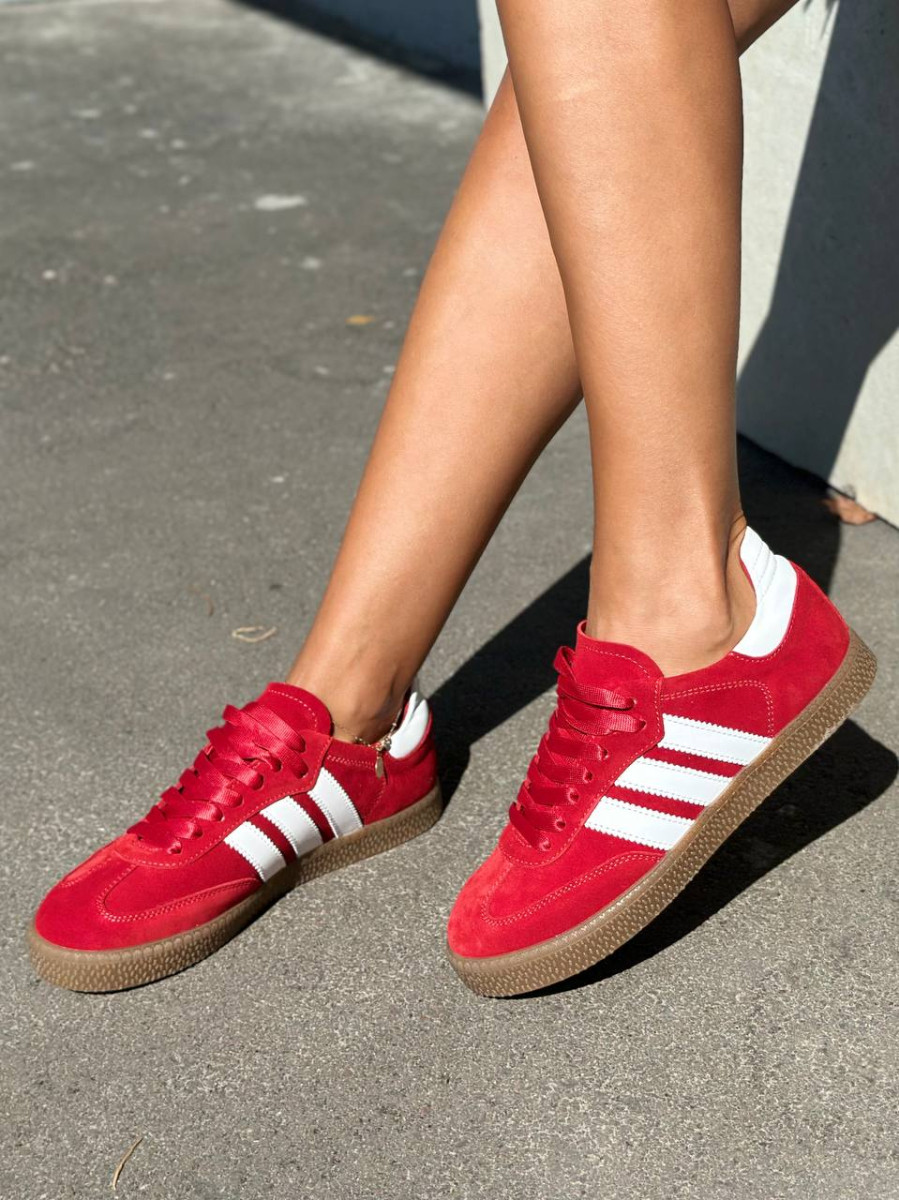 Кеди жіночі замшеві червоні з білими смужками, фото 1