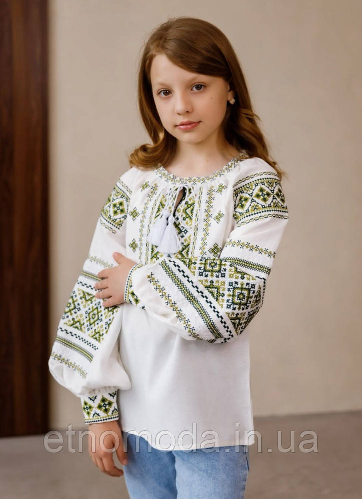 Вишиванка для дівчинки (льон) Оксанка оливкова зріст 104-164