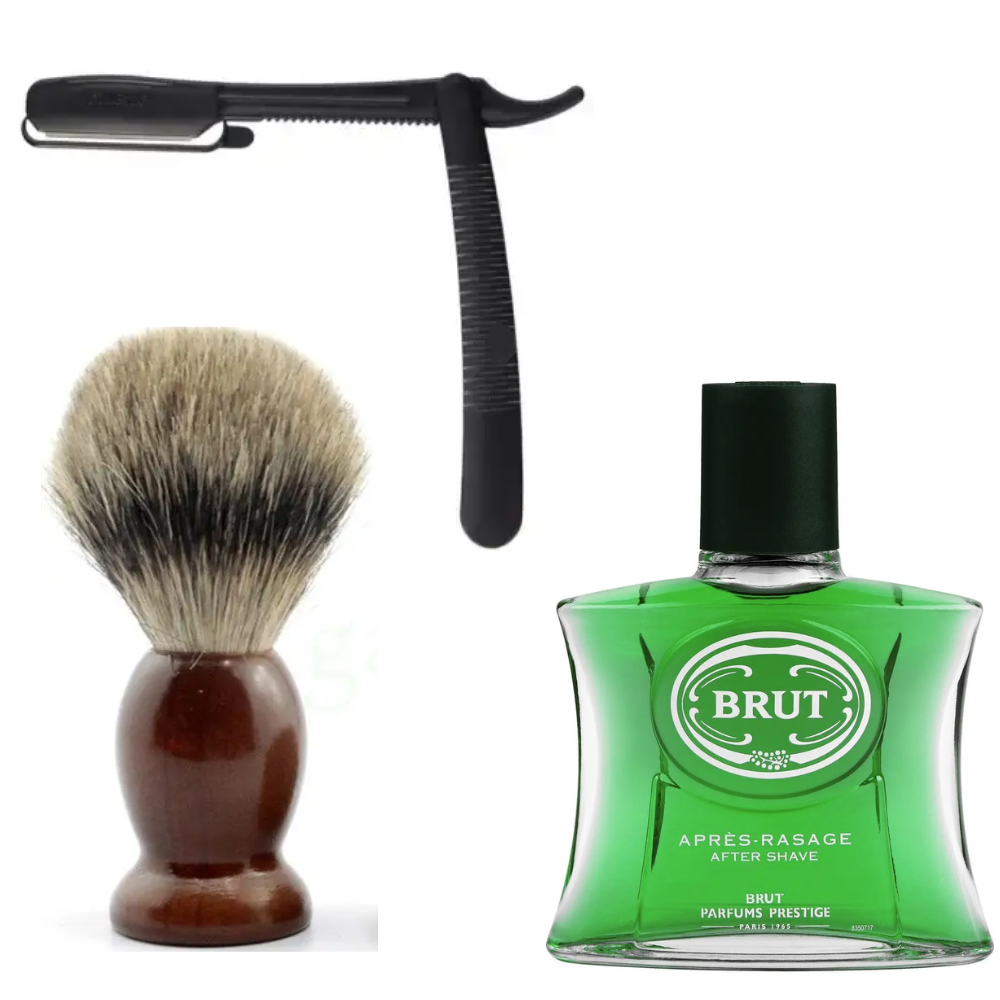 Одноразова небезпечна бритва Gillette Platinum Premium Platinum Blades + помазок SHIMA + лосьйон після гоління BRUT APRES RASAGE, фото 1