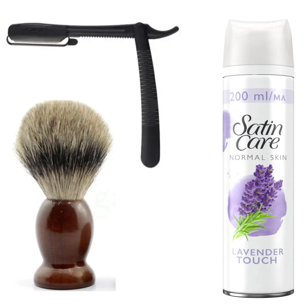 Одноразова небезпечна бритва Gillette Premium Platinum Blades + помазок SHIMA борсук + гель для гоління Gillette Satin Lavender, фото 1