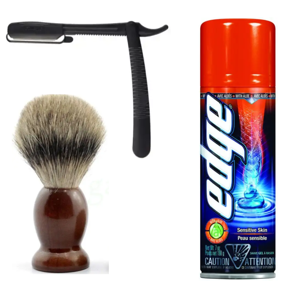 Одноразова небезпечна бритва Gillette Premium Platinum Blades + помазок SHIMA борсук синій + гель для гоління Wilkinson Sword EDGE, фото 1