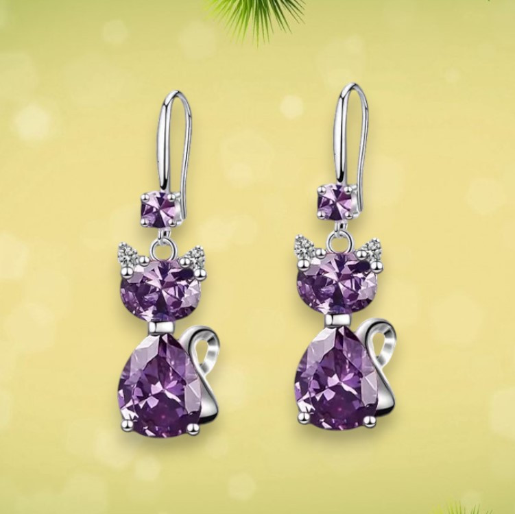 Сережки жіночі сріблясті Кіт з фіолетовим кристалом гачки 2 см AurumLux072, фото 1