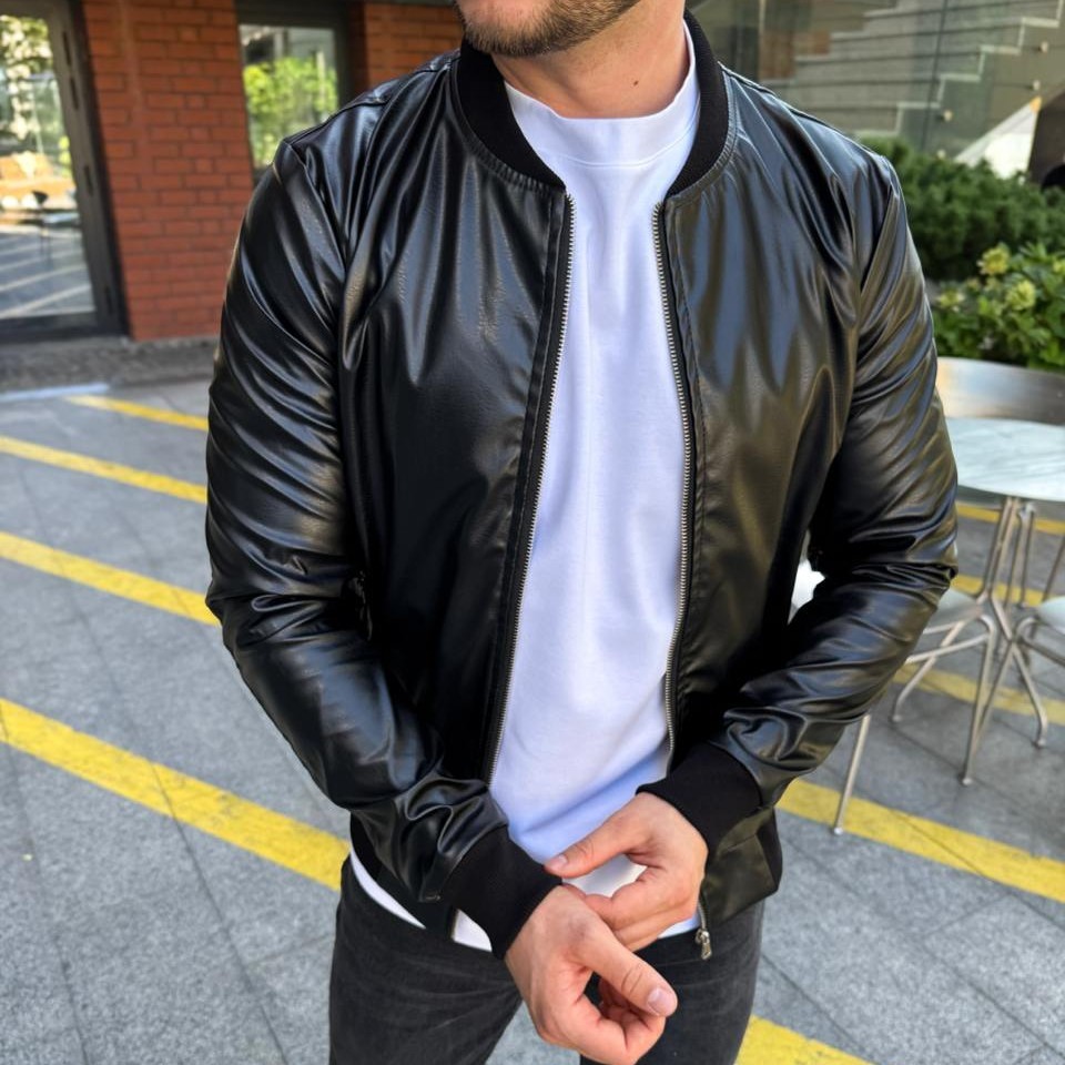 Бомбер чоловічий шкіряний класичний | Куртка чоловіча шкіряна осінь-весна. Фото в живу. Чоловіча куртка осінь-весна, фото 1