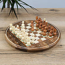 Шахова дошка кругла із традиційними фігурами з натурального дерева ручної роботи українських майстрів