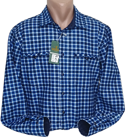 Тепла чоловіча сорочка на флісі Hetai vd-0085 синя класична в клітку, чоловіча тепла сорочка на зиму, фото 1