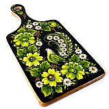 Дошка обробна Петриківський розпис ручної роботи з дерева 16х33 ПТАХ і ЗЕЛЕНІ КВІТИ Український сувенір, фото 2
