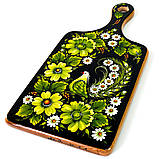 Дошка обробна Петриківський розпис ручної роботи з дерева 16х33 ПТАХ і ЗЕЛЕНІ КВІТИ Український сувенір, фото 3