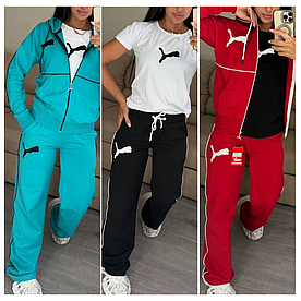 Спортивний жіночий костюм Puma тійка широкі штани палаццо мастерка та футболка чорний / червоний/ бірюза (Пума трикотаж Туреччина)