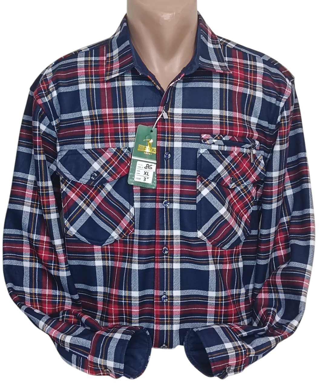 Тепла чоловіча сорочка на флісі Hetai vd-0086 синя класична в клітку, чоловіча тепла сорочка на зиму