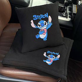 Дитячий набір подушка та плед в автомобіль з вишивкою Стіч, флісовий набір