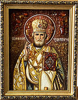 Ікона з бурштину "Св. Микола Чудотворець " 15*20 см, святий Миколай