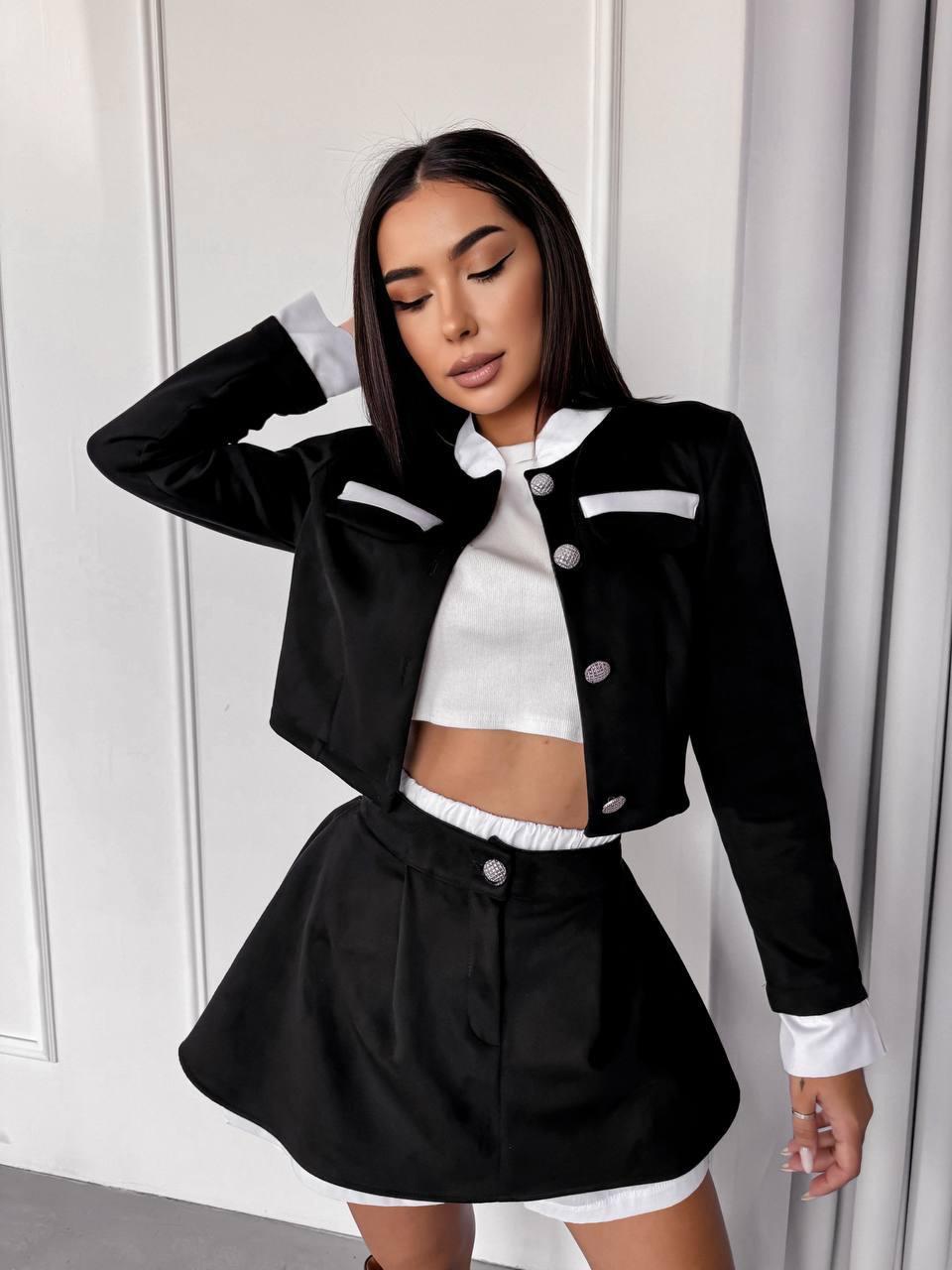 Жіночий костюм (шорти-спідниця + піджак); Колір: чорно-білий; Розміри: 42-44, 46-48;, фото 1