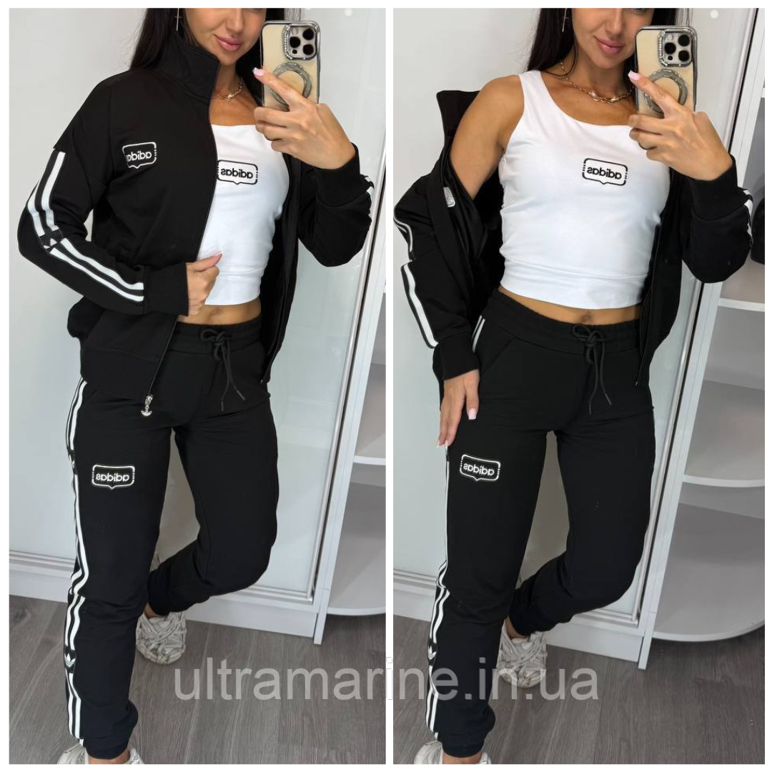 Жіночий спортивний костюм Adidas трійка стильний з лампасами чорний (Адідас трикотаж Туреччина), фото 1