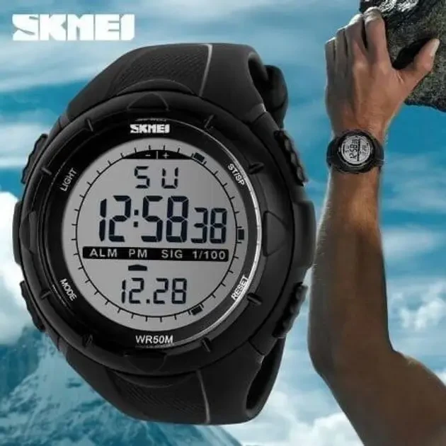 Годинник чоловічий Skmei 1025BK Black | Спортивний цифровий наручний годинник у чорному кольорі, фото 1