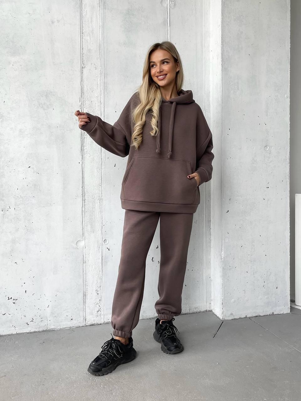 Костюм ЖІНОЧИЙ СПОРТИВНИЙ 3-нитка ПІНЬЄ НА ФЛІСІ ШОКОЛАД(КАВА)/БЕЖ 1632, фото 1