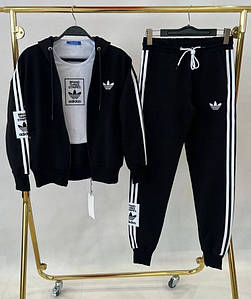 Жіночий спортивний костюм Adidas трійка стильний з лампасами чорний (Адідас трикотаж Туреччина)