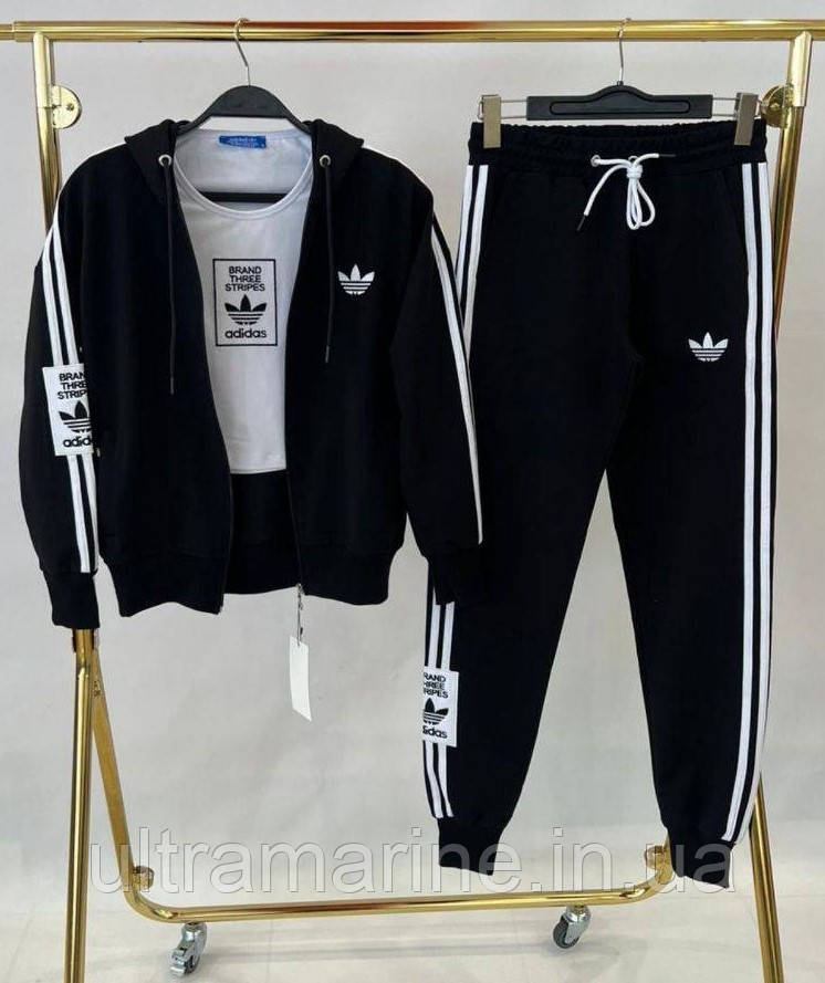 Жіночий спортивний костюм Adidas трійка стильний з лампасами чорний (Адідас трикотаж Туреччина), фото 1