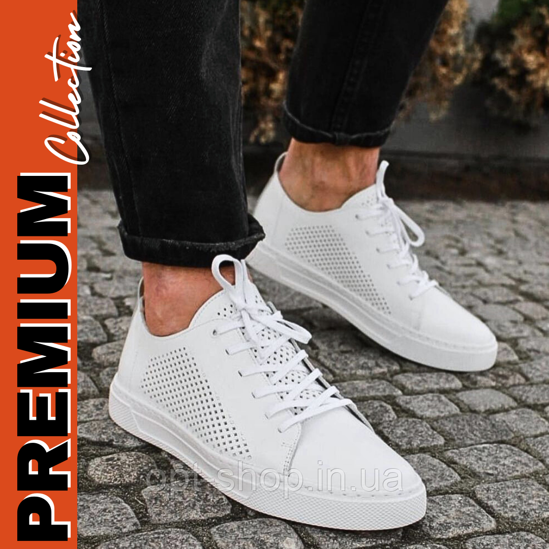 Чоловічі літні кеди шкіряні білі в дірочку перфорація Levi чорні білі сині руді, фото 1