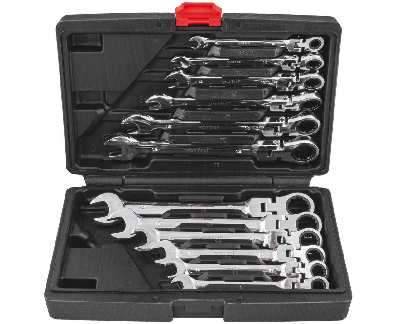 Набір ріжково-накидних ключів із тріскачкою на кардані 12 шт Vorfal V08102, фото 1