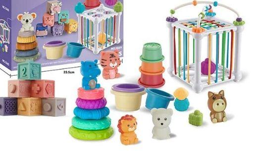 Кубики з текстурами та фігурки Пальчиковий театр і пірамідки Ігровий розвивальний набір 7 в 1 для малюків, фото 1