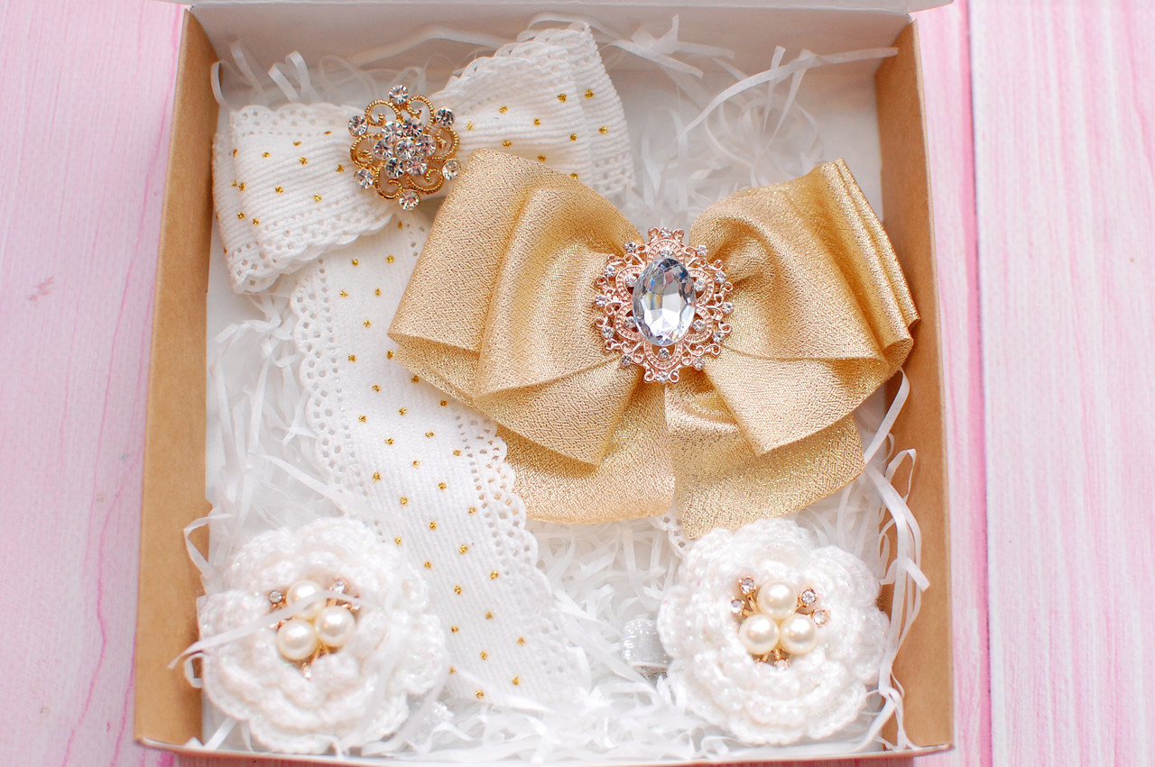 Набір заколок- гумок для волосся в біло-золотий 415 об, фото 1