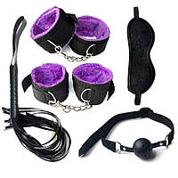 Фетиш БДСМ набор наручники кожаные с пушком и кляп-шар с флоггер плетью для начинающих и опытных