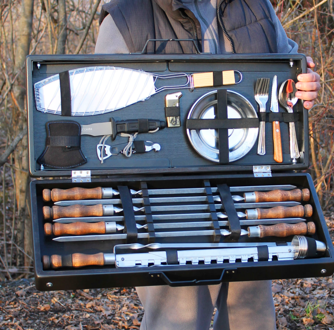 Готовий подарунковий набір шампурів у кейсі ручної роботи із сіткою для риби., фото 1