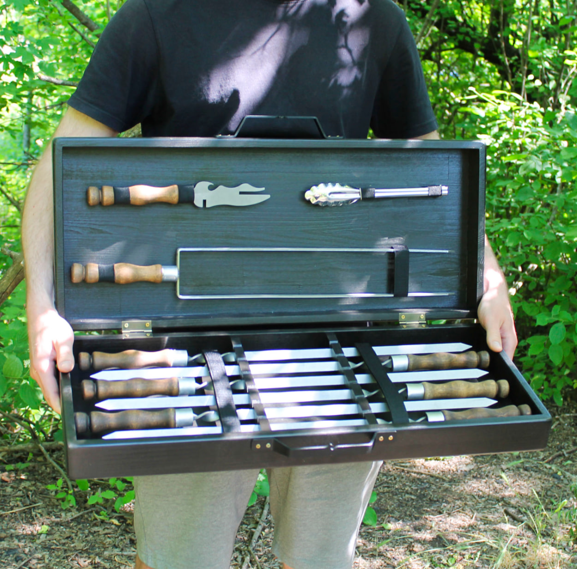 Набір шампурів у коробці для кума, друга, брата , Стильний подарунковий набір шампурів, фото 1