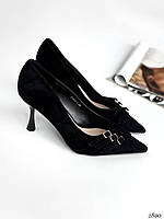 Жіночі чорні човники, жіночі замшеві туфлі, туфлі на маленькому підборі, човники на маленькому підборі