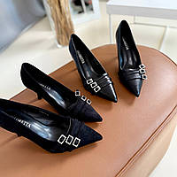 Жіночі чорні човники, жіночі туфлі, туфлі на маленькому підборі, човники на маленькому підборі